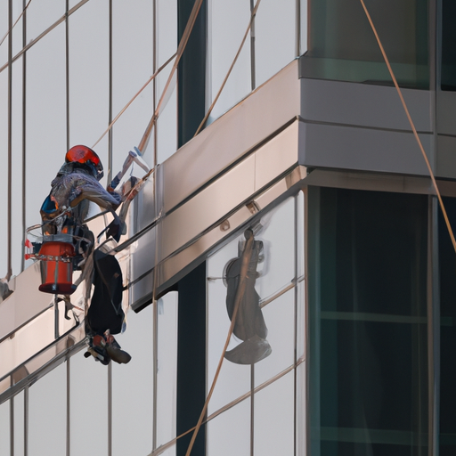 תמונה 1: איש מקצוע של קרן שמש עטוי ציוד בטיחות, מנקה חלון של גורד שחקים.